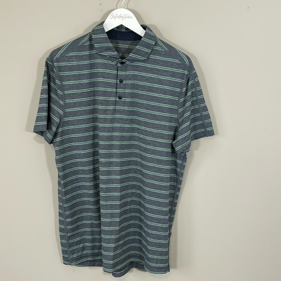 Lululemon Propel Luxtreme Polo Shirt Mens XL Wicking Green Gray Striped - Picture 1 of 8